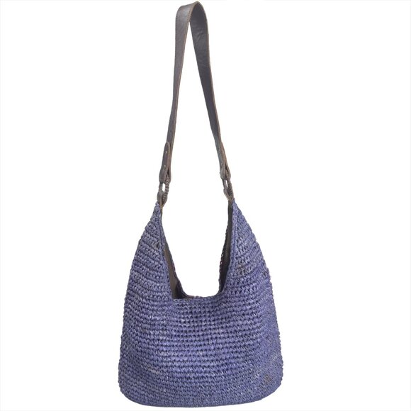 J.JILL Woven Straw Shoulder Bag Blue Boho Hobo Tote Leather Strap - Picture 1 of 10